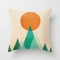Square cushion with cartoon sunrise and green geometric mountains on a grey background - Orange Sun and Mountain (DRD33-13)