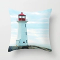 Peach skin square cushion cover with a red and white lighthouse and ocean scene print - 18x18 Inch / Red Lighthouse Style (DRD43-12)