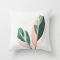 Square peach skin pillow with Calathea Triostar tropical leaf print on white base - 18x18 Inch / Realistic Calathea Triostar Design (DRD102-9)
