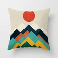 Square cushion cover with retro geometric mountain and sunrise pattern on beige fabric - Vintage Alpine Red Sun (DRD33-23)