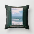 Peach skin pillow cover featuring a window-view ocean print and navy blue borders - 18x18 Inch / Window Sea View Style (DRD43-13)