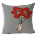 Close-up of linen pillowcase fabric showing the woven texture and pug puppy print - Pug with Many Red Balloons (YMD67-13)