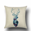 Macro detail of geometric elk head pattern on square blue linen decorative pillow cover - Geometric Deer Collage (YMD66-5)