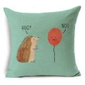 Detailed macro view of linen pillowcase featuring hedgehog and balloon cartoon illustration - Hedgehog Hug Dialogue (YMD67-11)