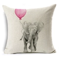 Close-up of linen pillowcase featuring a cute hand-drawn elephant and pink balloon - Grey Elephant with Pink Balloon (YMD67-9)