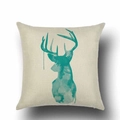 Detail of teal watercolor reindeer silhouette on linen cushion cover with textured fabric - Watercolor Deer Silhouette (YMD66-1)