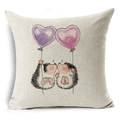 Detailed macro view of square linen pillowcase with cute cartoon hedgehogs and balloons - Hedgehogs Kissing with Heart Balloons (YMD67-7)