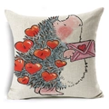 Linen pillow cover featuring a cute hand-drawn hedgehog with red hearts on beige fabric - Hedgehog with Heart Envelope (YMD67-6)