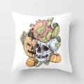 Housse de coussin d'Halloween carrée blanche avec motif gothique de crâne et citrouille - Illustration Crâne Citrouille (DRD84-6) / 45x45 cm