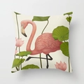 Polyester throw pillow featuring a pink flamingo and lotus floral print on a beige background - 18x18 Inch / Lotus Leaf Flower Illustration (DRD56-6)