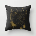 Halloween black and gold throw pillow cover featuring mystical cat and magic icons - Black Gold Starry Cat (DRD44-13)