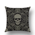 Square linen Halloween pillowcase with gothic black and gray skull and baroque patterns - 18x18 Inch / Baroque Scrollwork Skull (YMD23-12)