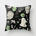 Halloween throw pillow cover featuring spooky cartoon characters on black polyester fabric - Horror Classics Icons (DRD44-16)