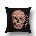 Square black linen pillow case featuring a pink cherry blossom skull art design - 18x18 Inch / Cherry Blossom Skull (YMD23-18)