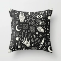 Halloween decorative square pillowcase featuring gothic skull and black cat illustrations - B&W Gothic Dense Pattern (DRD44-19)