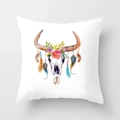 Bohemian watercolor bull skull pillowcase with peacock feathers on white polyester - 18x18 Inch / Watercolor Bull Skull Style (DRD81-2)