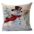 Square linen throw pillow cover with a Christmas snowman motif and a red scarf - 18x18 Inch / Snowman with Broom Style (YMD47-3)