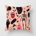 Pink Halloween pillowcase featuring vintage tattoo style skull and monster illustrations - Pink Retro Horror Art (DRD44-20)