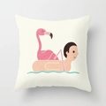 Square polyester decorative cushion featuring a creative pink flamingo and wave print - 18x18 Inch / Minimalist Illustration (DRD56-21)