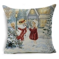 Linen Christmas pillowcase featuring a vintage winter snowman and girl illustration - 18x18 Inch / Snowman and Girl Vintage Style (YMD47-6)