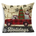 Linen Christmas pillowcase with red truck, snowman and Happy Holidays text - 18x18 Inch / Snowman Red Truck Happy Holidays Style (YMD47-11)