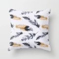 Modern square pillow featuring artistic gold and grey peacock feather patterns on white - 18x18 Inch / Watercolor Gold Black Feather Style (DRD81-10)