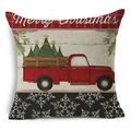 Christmas linen pillowcase featuring a red vintage truck and Merry Christmas text - 18x18 Inch / Red Plaid Christmas Truck Style (YMD47-12)