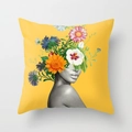 Artistic woman face pillow cover with colorful flowers print on a yellow square cushion - Bright Yellow Floral Headdress Portrait Style (DRD89-5)