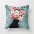 Artistic cushion cover with floral woman portrait and butterfly on blue background - Cyan Smoke Pink White Rose Portrait Style (DRD89-6)
