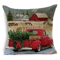 Linen Christmas pillowcase featuring a red truck with a Christmas tree and farm scene - 18x18 Inch / Farmhouse Winter Red Truck Style (YMD47-9)