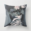Artistic cushion cover featuring surrealist floral woman face portrait on retro blue - Gray Blue Vintage Rose Fusion Portrait Style (DRD89-8)