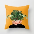 Square orange throw pillow cover with surrealist woman and tropical plant art print - Orange Background Tropical Plant Fusion Portrait Style (DRD89-10)