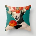 Square pillowcase featuring vintage floral woman portrait art on a teal background - Cyan Background Orange Red Floral Collage Style (DRD89-11)