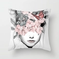 Artistic square pillowcase featuring a floral face design and butterflies on textile fabric - Black White Face Pink Floral Eye Decor Style (DRD89-12)