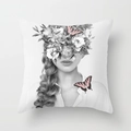 Artistic cushion cover with black and white floral woman portrait and pink butterflies - White Fabric Portrait Flower Face Covering Style (DRD89-13)