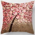 Square cushion cover with 3D oil painting pink flower tree design on canvas fabric - Standard Size / Pink Cherry Blossom Oil Painting Style (DRD82-5)