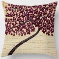 Square oil painting pillow cover with purple floral design on beige embossed background - Standard Size