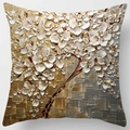 Square pillow cover with 3D oil painting flower pattern in gold and cream tones - Standard Size