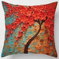 3D oil painting pillow cover with vibrant red blooming tree and orange floral texture - Standard Size / Red Flower Orange Blue Background Style (DRD82-12)
