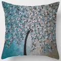 Square cushion cover with thick oil painting texture featuring a white and teal flower tree - Standard Size