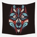 Modern aesthetic tapestry featuring a stylized tribal wolf head pattern on black fabric - Wte-6 / 95x73