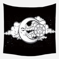 Modern black and white tapestry featuring sun, crescent moon, and stars in square shape - Wte-10 / 95x73