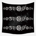 Modern black tapestry featuring minimalist white hand-drawn solar system planet patterns - Wte-13 / 95x73