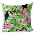 Linen cushion cover with tropical toucans, hibiscus flowers and mint green stripes - Striped Background Toucan (YMD52-16) / 45x45cm