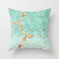 Pink marble style pillow cover with mint green 3D geometric patterns and gold accents - 18x18 Inch / Mint Green Gold-3D Cube (DRD15-24)