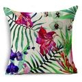 Linen cushion cover with tropical watercolor hibiscus and palm leaves design - Hibiscus And Orchid (YMD52-13) / 45x45cm