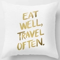 White peach skin pillowcase with golden 'EAT WELL TRAVEL OFTEN' text design - Pattern DRD59-12