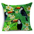 Tropical linen pillow cover with vibrant toucans, palm leaves, and white plumeria flowers - Jungle Toucan And Frangipani (YMD52-14) / 45x45cm