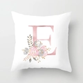Detail of rose gold letter E print with floral patterns on white pillow cover fabric - 45cmx45cm / Rose Gold Letter E Style (DRD150-E)