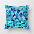 Pink marble geometric square pillow case with blue and gold 3D cube art patterns - 18x18 Inch / Cool Tones-Geometric Cube (DRD15-29)
